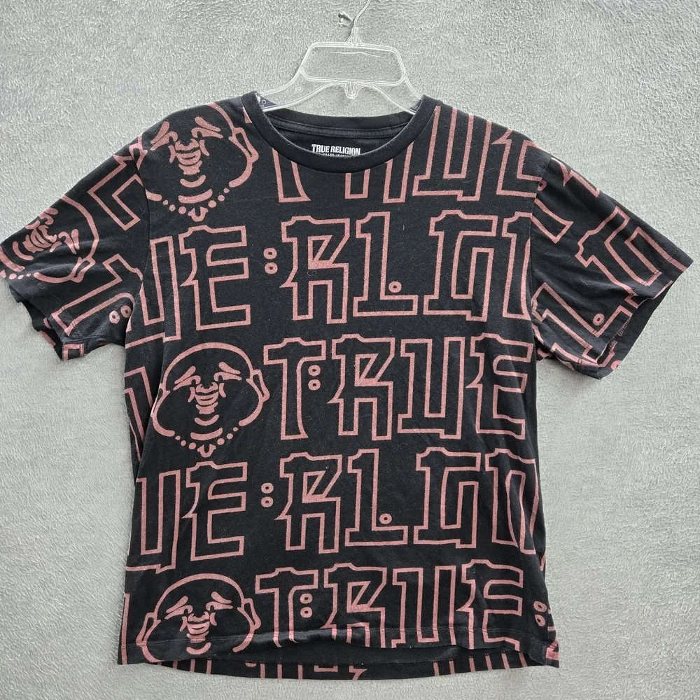 True Religion Men Shirt L Black Graphic Buddha Tee Logo Short Sleeve